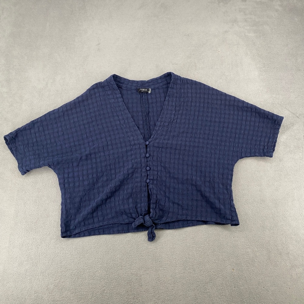 Storia Navy Blue Textured Tie Front Button Up V-Neck Top Size M